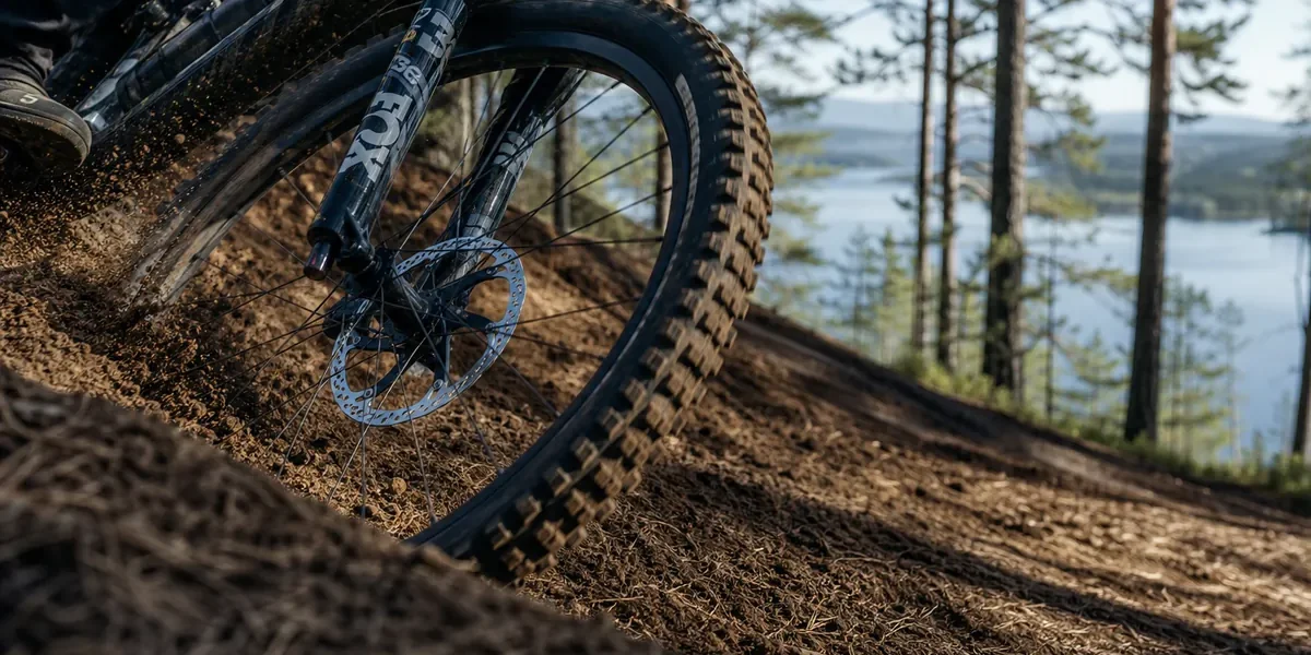Närbild av framhjul och gaffel på en mountainbike i en bankad kurva av jord