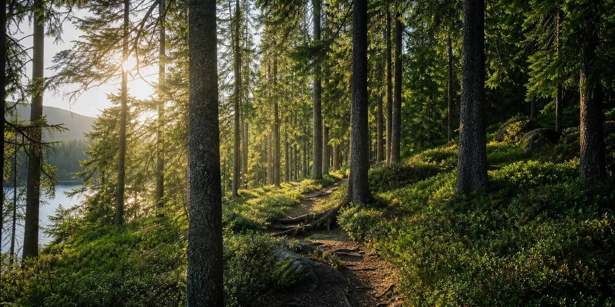 Skogsstig genom granskog med mossa och blåbärsris i lågt solljus