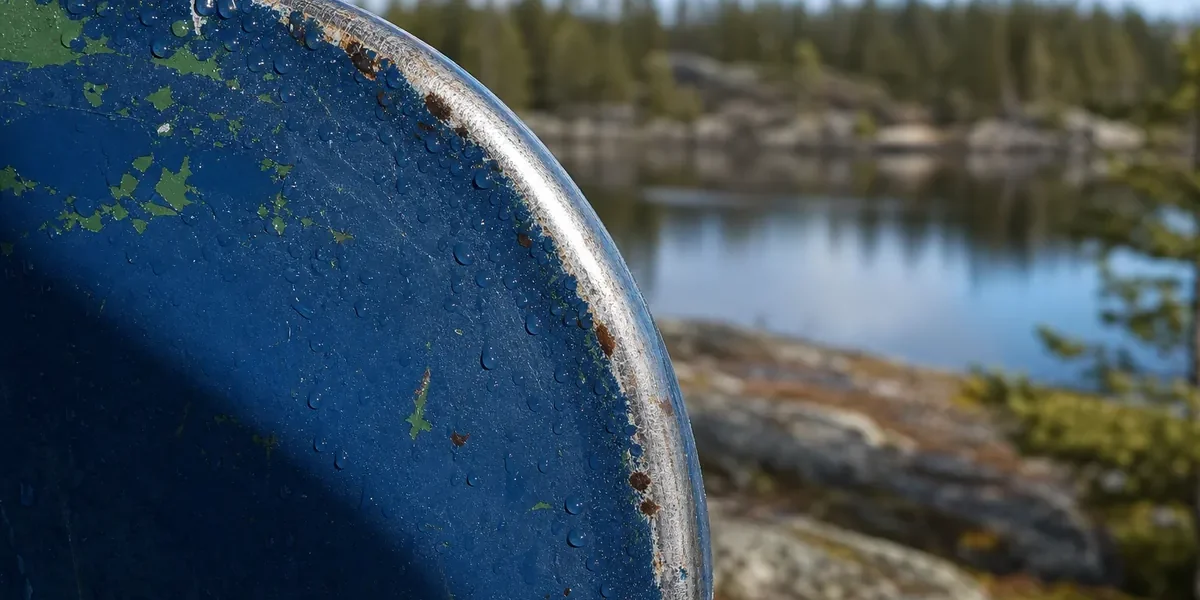 Närbild av en sliten målad metallyta med vattendroppar