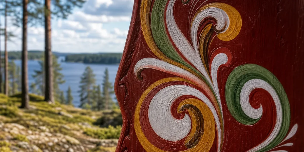 Närbild av handmålad kurbitsdekor i vitt och gult på röd träyta