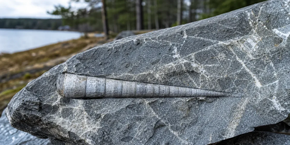 Närbild av grå kalksten med tvärsnittet av ett fossilt bläckfiskskal