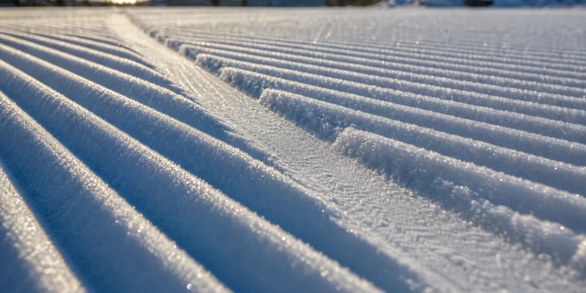 Närbild av nypreparerad snö med räfflor och ett skidspår i lågt vinterljus