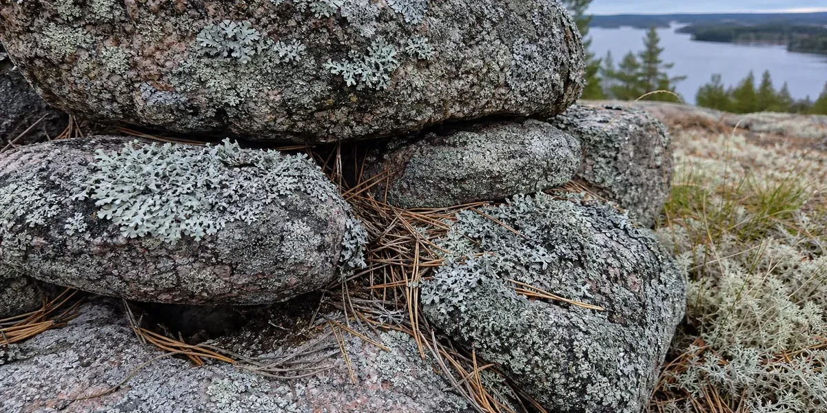 Närbild av lavklädda granitstenar i ett lågt stenröse